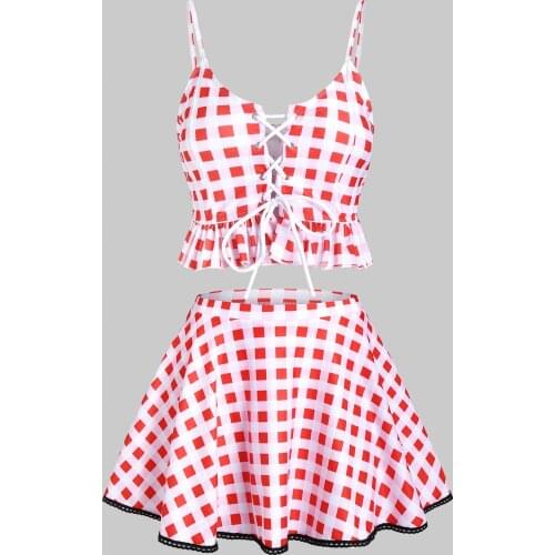 Wipalo 2021 Bikini Gingham Print Spaghetti Strap Padded Tankini Set Two Piece Swimsuit Girl Beach Bathing Suit Swimwear Biquinis