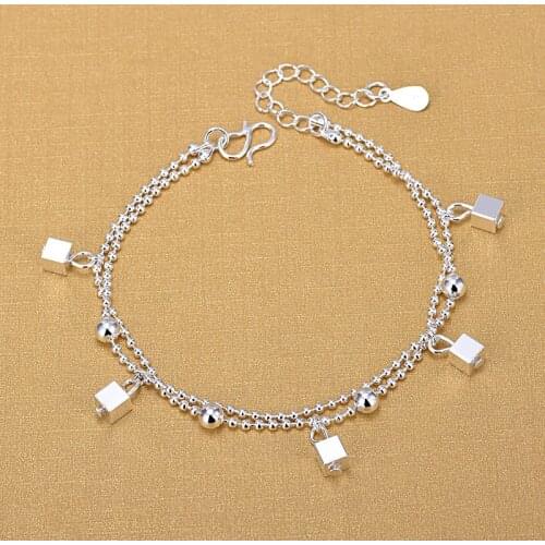 Silver Plated Anklets 925 Fashion Silver Jewelry Double Chain Square Anklet for Women Girls Friend Foot Barefoot Leg Jewelry
