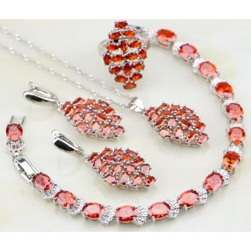 925 Sterling Silver Jewelry Red Garnet White Cubic Zirconia Jewelry Sets Necklace/Earrings/Bracelet/Pendant/Ring For Women Party