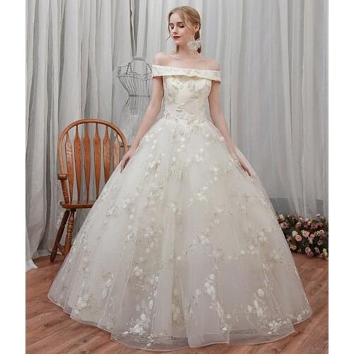 Cheap Ivory Organza Off Shoulder Lace Wedding Dresses 2021 Appliques Flowers Boat Neck Embroidery Asian Style Bridal Ball Gowns