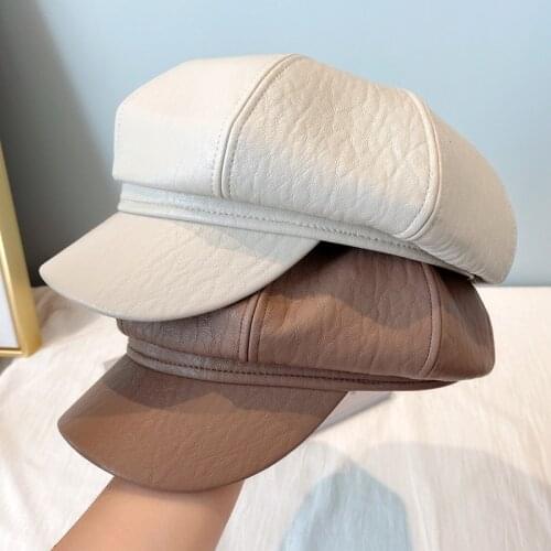 New Pu Octagonal Cap In Autumn And Winter 2020 British Retro Trend Beret Japanese Fashion Womens Leather Hat Woman Hat