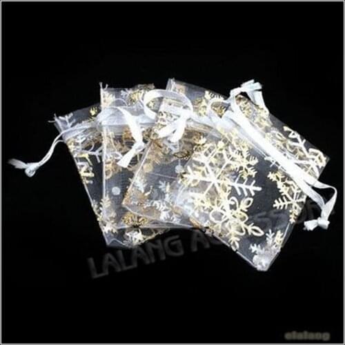 Wholesale 5x7cm White Organza Pouches Gift Bags Gold Snowflake Patterns Fit Wedding And Festival Party 100pcs/lot