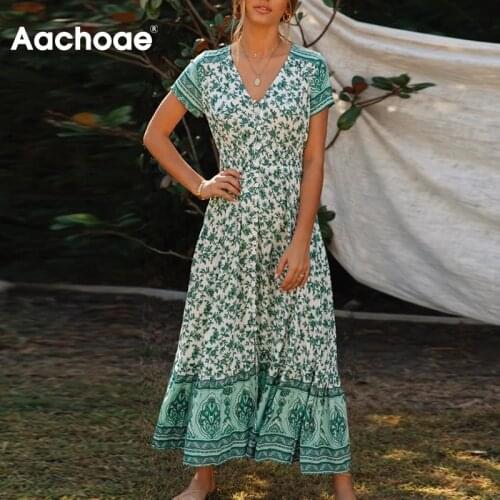 Aachoae Bohemian Printed Long Summer Dress Women V Neck A Line Buttons Casual Dresses 2021 Ladies Short Sleeve Beach Sundress