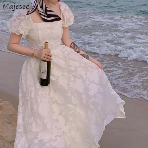 Dresses Women Holiday Feminine Sweet Korean Style Chic Square Collar High Waist Retro Lady Elegant Short Sleeve Vestdios Female