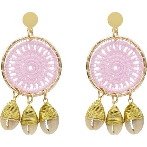 Bohemia Natural Sea Shell Pendant Dangle Earrings Handmade Woven Cotton Earrings For Women Girl Summer Beach Party Jewelry