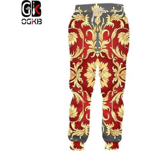 OGKB New Jogging Pants 3D Digital Printing Men And Women Retro Luxury Royal Floral Gold Flower Sports Casual Pants