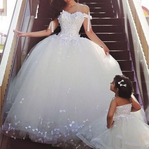 SuperKimJo White Wedding Dresses for Bride 2020 Lace Applique Off Shoulder Floral Princess Wedding Gown 2021 Vestido De Noiva