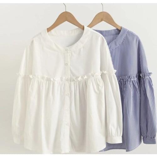 Fresh Style Ruffles Patchwork Sweet Shirts Women Fashion Cute O Neck Drop Shoulder Three Quarter Loose Cotton Blouses for Girls