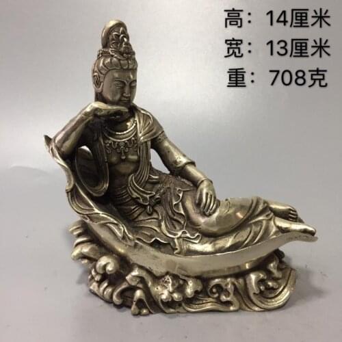 Tibet Buddhism Cupronickel antique White copper Lie down Guanyin Buddha statue old style porcelain decoration desktop Ornaments