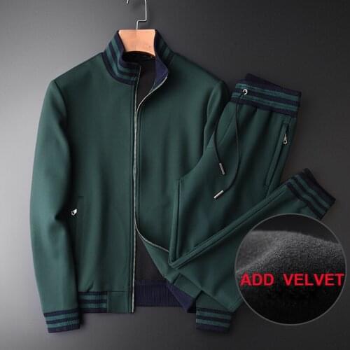 Hight Quality Add Velvet Thick Green Zipper Sweatshirt With Pants Autumn Fashion 2-piece Sweatshirts Men