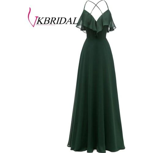 VKbridal Ruffles Chiffon Bridesmaid Dresses Long Spaghetti Straps V-Neck Prom Gowns Wedding Guest Formal Wear Cross Back