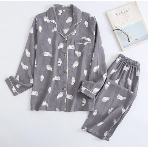 100% Gauze Cotton Cartoon Print Women Pajamas Turn-Down Collar Plaid Cat Soft Loose Harajuku Kawaii Spring Female Sleepwear New