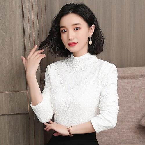 Women Lace Blouse White Sale autumn winter office Ladies bottom shirt stand collar outwear Velvet thick shirt warm S-5XL