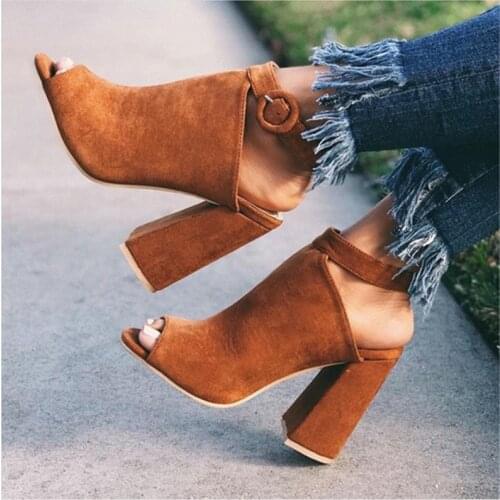 Women sandals Flock Sequined Cloth Buckle Strap 11.5cm Square heel High heels Peep Toe Shallow sandal women shoes size 35-42