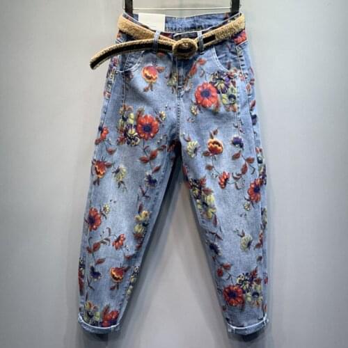 Flower Jeans Woman 2020 autumn New High-Waist Loose-Fit Pants Personality Printed Denim Harem Pants Womens Jeans Jean Femme
