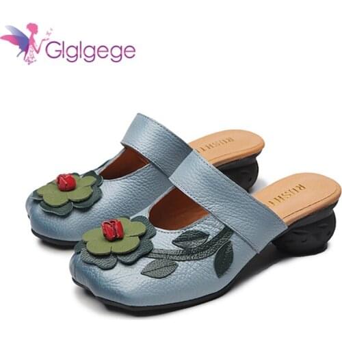 Glgl Vintage Basic Pumps Hand Painted Flowers Pattern Splicing Butterfly Genuine Leather Slip On Pumps Square Heel Ladies Shoes