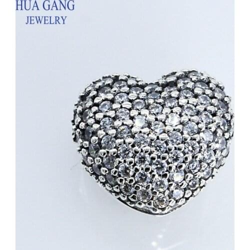 100% 925 Sterling Silver heart shape Bracelet Beaded Female White Cubic Zirconia Inlay fit Charm Bracelet DIY