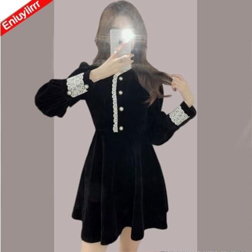 Women 2021 New Year Spring Patchwork White Lace Stand Collar Vintage French Black Velvet Mini Elegant Party Dress