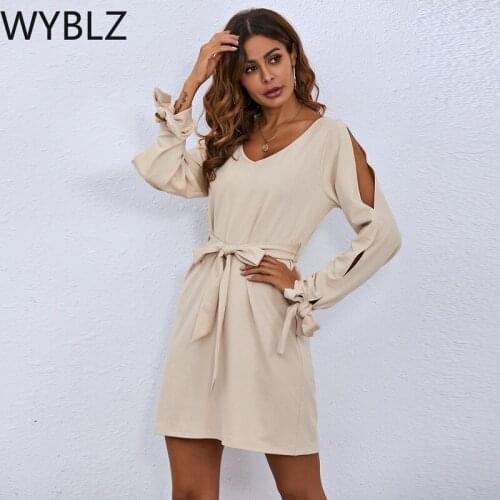 WYBLZ Women Summer Casual Mini Dress Fashion Long Sleeve Hollow Out Bow Sashes Dresses Elegant Office Lady Slim Dress 2021