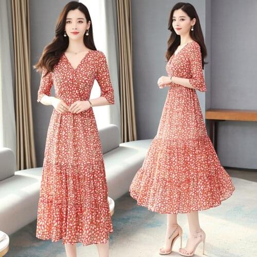 2021 High Quality Red Print Chiffon Beach Midi Dress Summer Vintage Plus Size Maxi Sundress Women Elegant Bodycon Party Vestidos