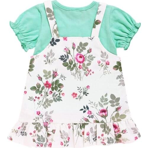2021 Summer Baby Girl Short Sleeve Solid Color T-shirt Blouse+Floral Print Strap Dress Casual Outfits Set