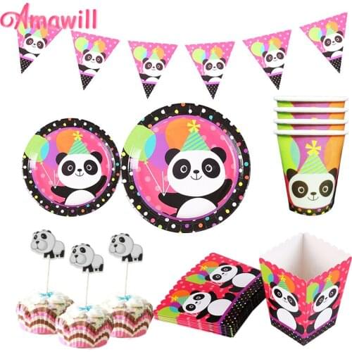 Amawill Cartoon Panda Theme Birthday Party Tableware Paper Cups Pennant Plate Popcorn Box For Birthday Party Decoration Kids 7D