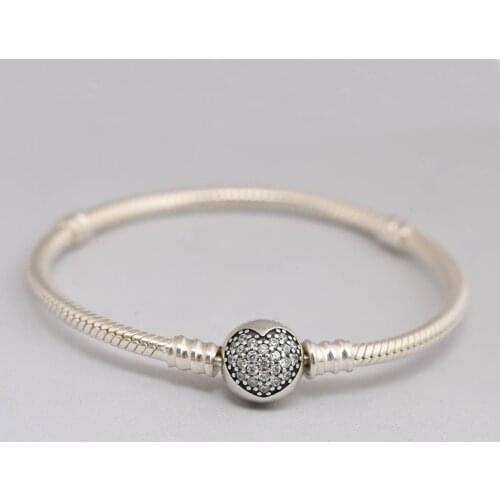 Authentic S925 Sterling Silver Bracelet Bangle With Sparkling Heart Clasp Crystal fit Lady Bead Charm Pendant DIY Jewelry