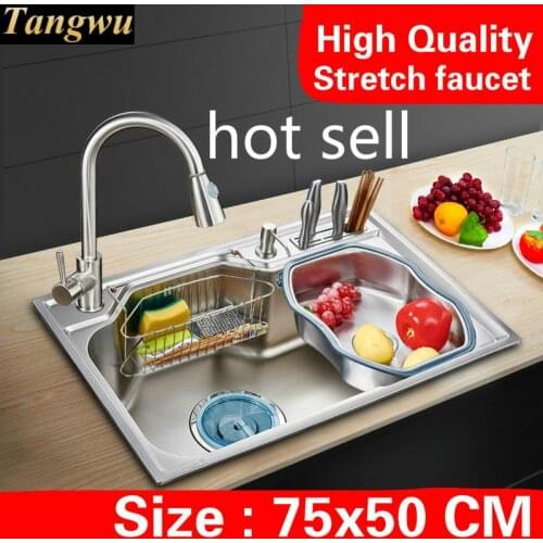 Free shipping Home kitchen single trough sink high capacity wash vegetables luxury stretch faucet 304 stainless steel 75x50 CM
