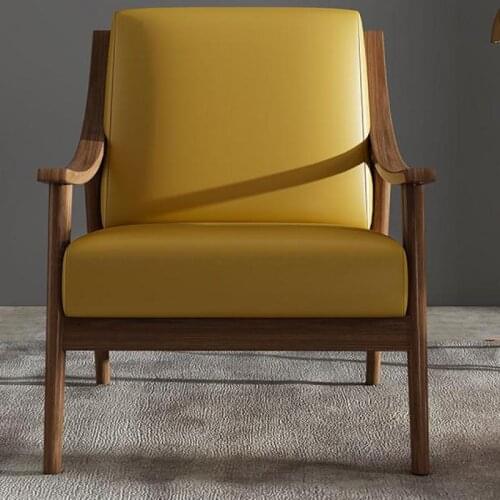 Wood Single Sofa Chair Simple Modern Leather Leisure Chair Household Lazy Sofa Balcony Bedroom Single Chair