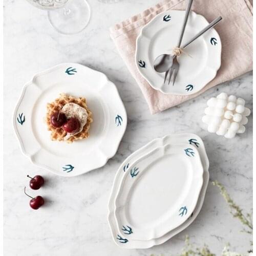 Swallow Bird Embossed Ceramic Plate Simple Small Fresh Dessert Plates Beige Flat Kitchen Dinner Plate Tableware Home Cute Plate