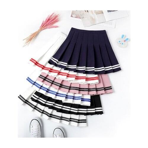 Summer A-Line Women Skirt Striped Stitching Sailor Pleated Skirt Fashion High Waist Skirts Sweet Simple Style Ladies Girl Skirts