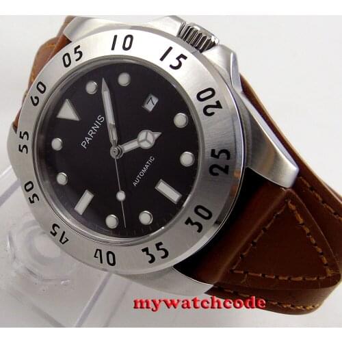 43mm Parnis black dial Sapphire Glass brown strap miyota Automatic mens Watch602
