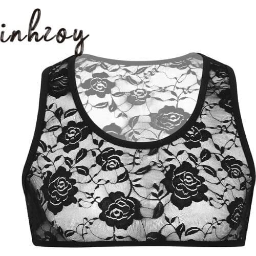 Men Sleeveless Stretchy Crop Tops Erotic Transparent Sheer Floral Lace Sissy Lingerie for Male Gay Underwear Hot Sexy Nightwear