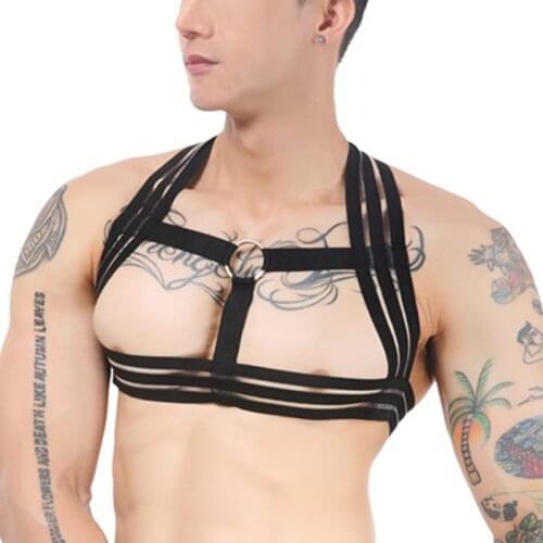 Mens Body Chest Harness Fancy Evening Party Sexy Metal Ring Clubwear Muscle Show hombre Shoulder Costume Accessories Male Zentai