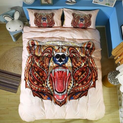 Bear King Duvet Cover Set,Patterned Head of Wild Predator Growling African Motifs Ethnic Ornaments,Decorative 3 Pieces Bedding
