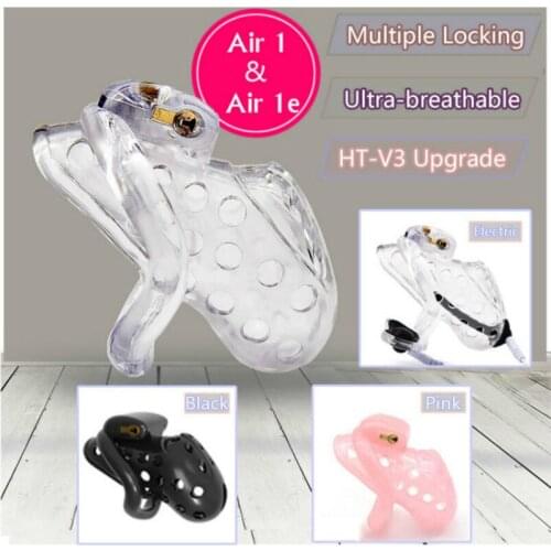2020 New Air 1 Super Breathable Male Chastity Cage with Electric Shock Device and Multiple Locks Men Plastic Cock Cage 3 Colors
