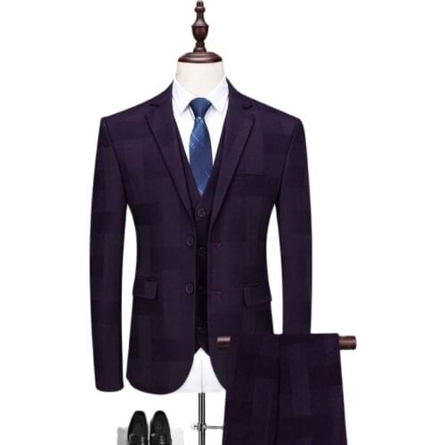 2021New Mens fashion boutique fancy check suit suit groom wedding dress suit three-piece suit (coat + vest + trousers)