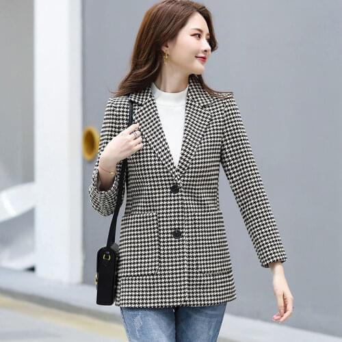 Vintage Single Breasted Office Ladies Plaid Blazer Long Sleeve Loose Houndstooth Suit Coat Jacket Women Blazers Female 2021 Y987