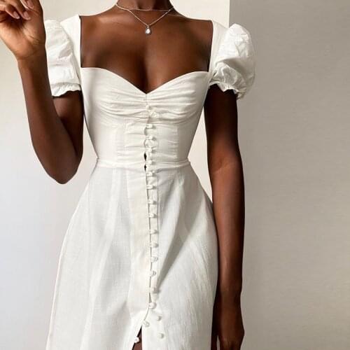 Short Puff Sleeve Low Cut Midi Dresses Sexy Split Bodycon A Line 2021 White Dress Night Club Party Dresses Women Long Vestidos