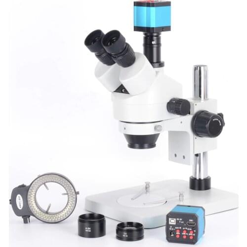 Simul-focal 7X-45X Zoom Stereo HDMI 21MP Industry Binocular Microscope Head Camera 144 LED Light 0.5X-2X AuxiliaryObjective Lens