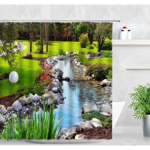Park Scenery Shower Curtains Trees Creek Flowers Plants Printed Waterproof Backdrop Wall Decor Cloth Screen Bathroom Curtain Set