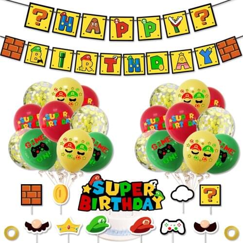 32pcs/set Super Mario Balloons 1 Happy Birthday Banner +20 Latex Balloons +11 Cake Toppers For Birthday Party Decor Balloons Set