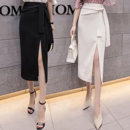 2021 Spring Summer Women Fashion Office Lady Lace-up White Black Skirt Solid High Waist Midi Skirts Jupe Femme Faldas Saia Y383