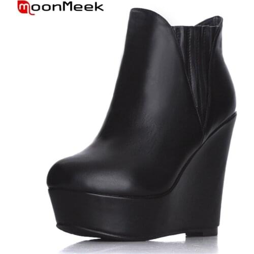 MoonMeek 2020 new brand genuine leather black color platform shoes fashion wedges round toe winter ankle boots for woman