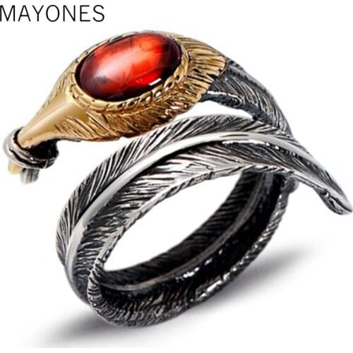 925 Sterling Silver Feather Resizable Rings for Women Gift Vintage Thai Silver Red Stone Fashion Jewelry Anillos Free Shipping