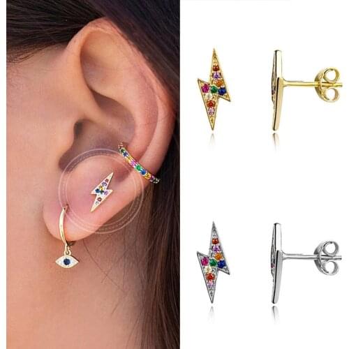 DAIWUJAN Gold Color Colorful Zircon Stud Earrings for Women Girls 925 Sterling Silver Mini CZ Crystal Lightning Piercing Earring