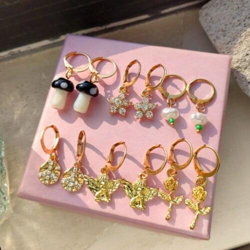 Flatfoosie 2021 Trendy Acrylic Mushroom Butterfly Drop Earrings Set for Women Golden Crystal Flower Angel Dangle Earring Jewelry