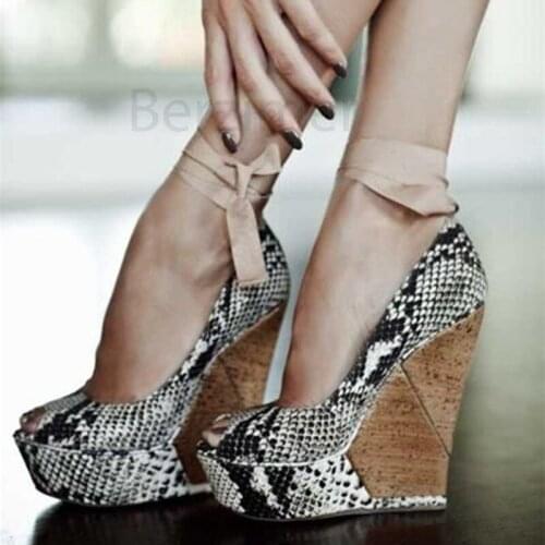 BERZIMER Snake Print Women Heels Platform Wedge Height Increasing Pumps Peep Toe Summer Zapatos Party Shoes Woman Size 44 50 52