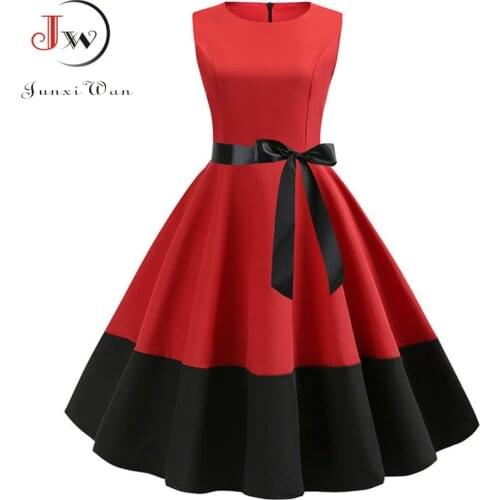 Retro Women Summer Casual Robe Rockabilly 50s 60s Vintage Dress Vestidos Swing Pin up Red Black Patchwork Elegant Party Dresses