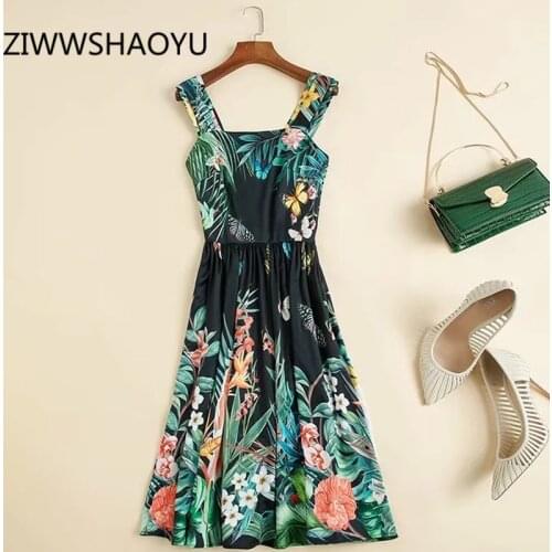 ZIWWSHAOYU Summer Women Open Back Spaghetti Strap Dress Runway Designer Ladies Multicolor Floral Print Vintage Midi Dresses